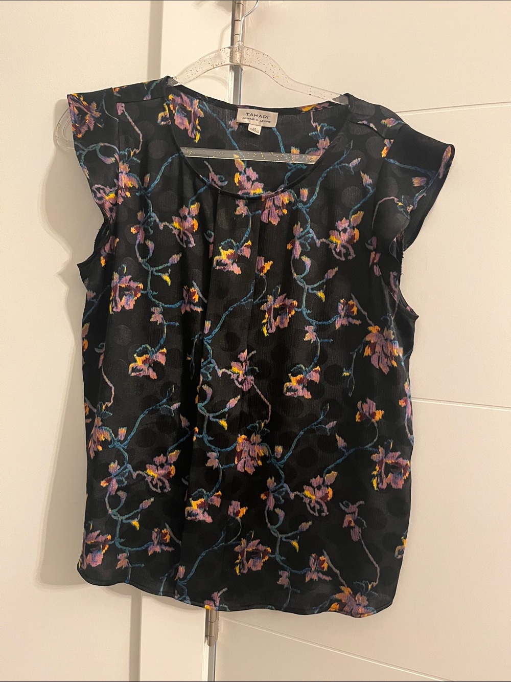 Tahari Black Floral Cap-Sleeve Blouse with Multicolor Vines